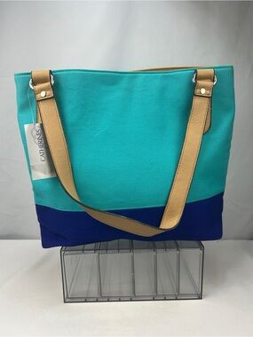 Catherines Teal and Royal Blue Colorblock Tote with Tan Straps